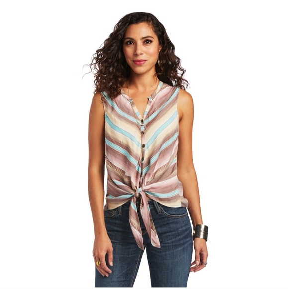 Ariat Baja Serape Striped Sleeveless Button Down Top w/Tie Front Size Large - Picture 2 of 5